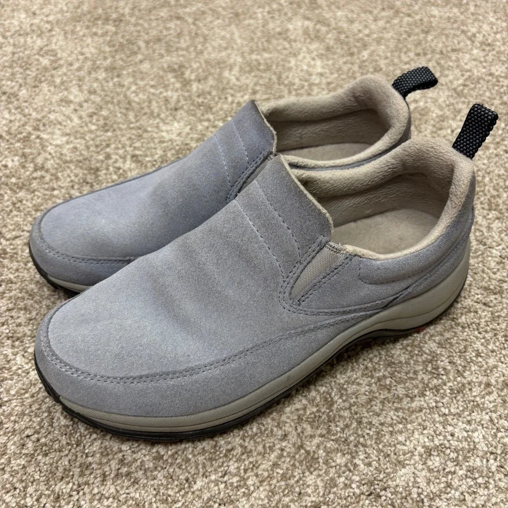 LL Bean Slip On Moc Loafer Womens 8 Light Blue Suede Fleece Lined Comfort Shoes